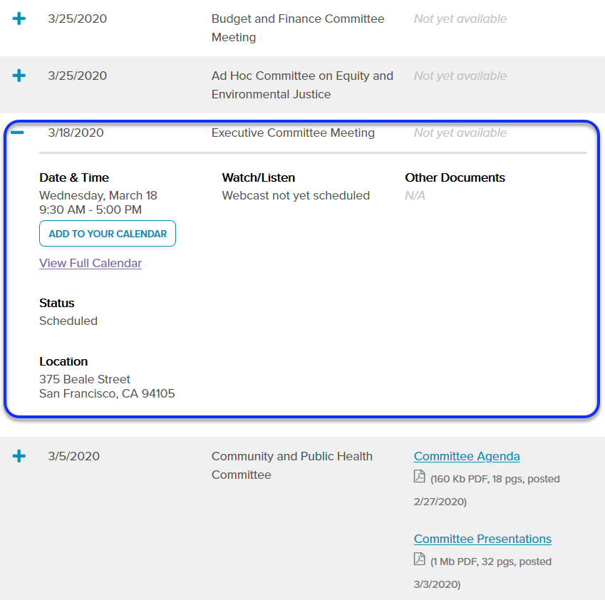 Nearest upcoming meeting expanded by default