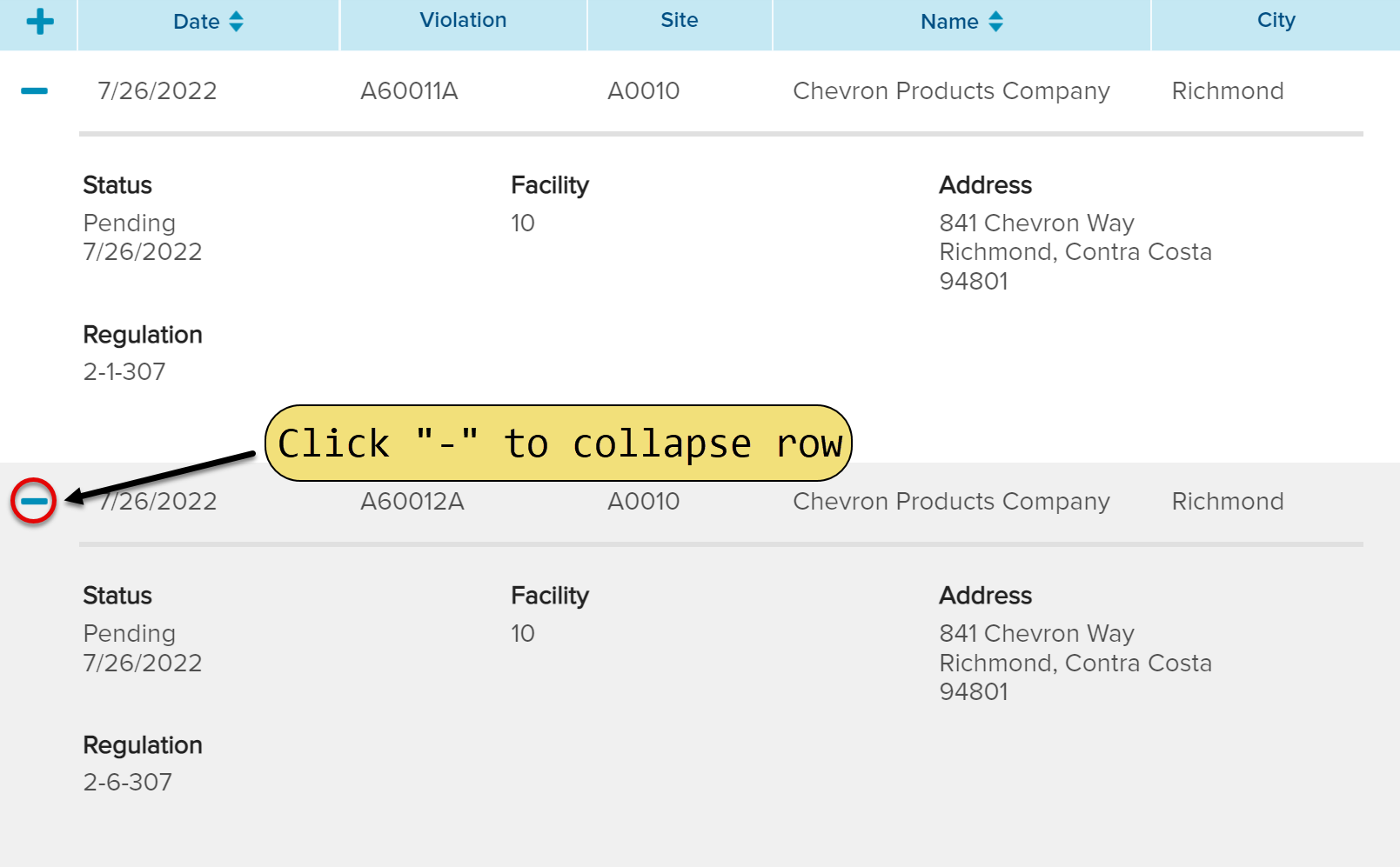 Click minus sign (-) to collapse row