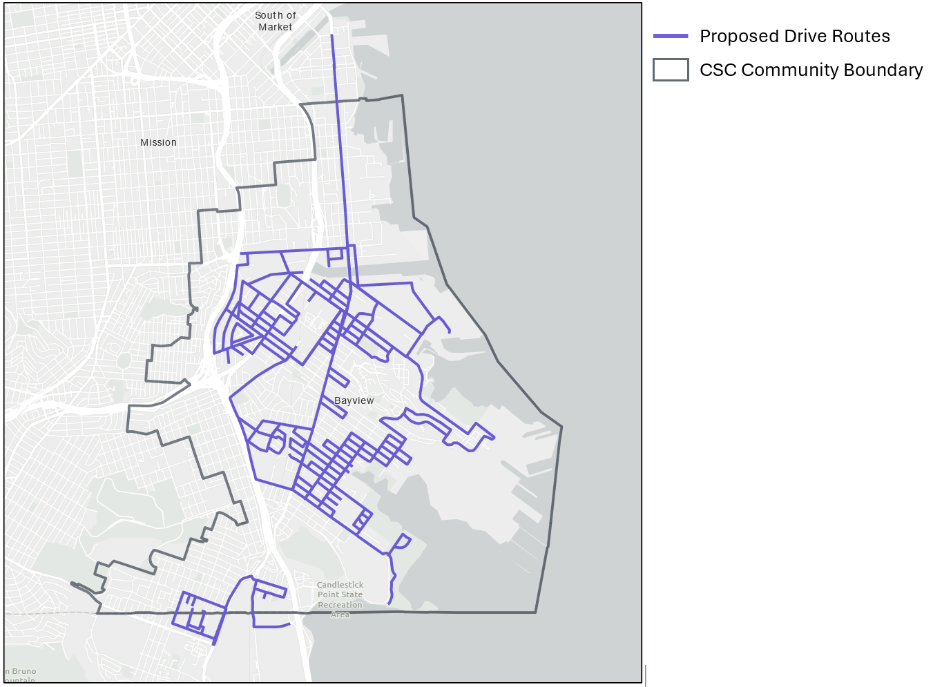 This image shows a map of the Bayview Hunters Point neighborhood in Southeast San Francisco that includes streets and highways as white lines, the AB 617 Bayview Hunters Point/Southeast San Francisco Community Steering Committee (CSC) boundary in gray lines, and planned drive routes for the CLEAR project in purple. The map also includes labels identifying neighborhoods or key areas such as the Mission, Bayview, South of Market, and Candlestick Point State Recreation Area