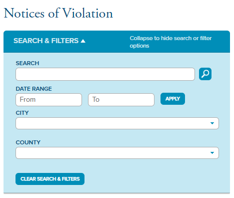 Notices of Violation website table header