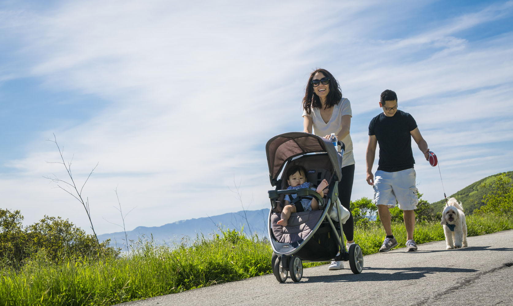 Two people walking a dog and pushing a baby in a stroller.
